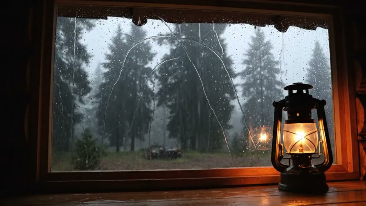 Warm Lantern Glow by the Rainy Forest Window  Cozy Cabin Night Ambience for Deep Sleep and Relaxatio