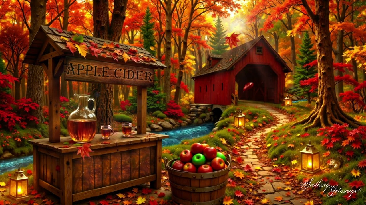 🍁 Autumn Covered Bridge Ambience: Peaceful Fall Forest, Creek & Cider Stand 🍎🥃
