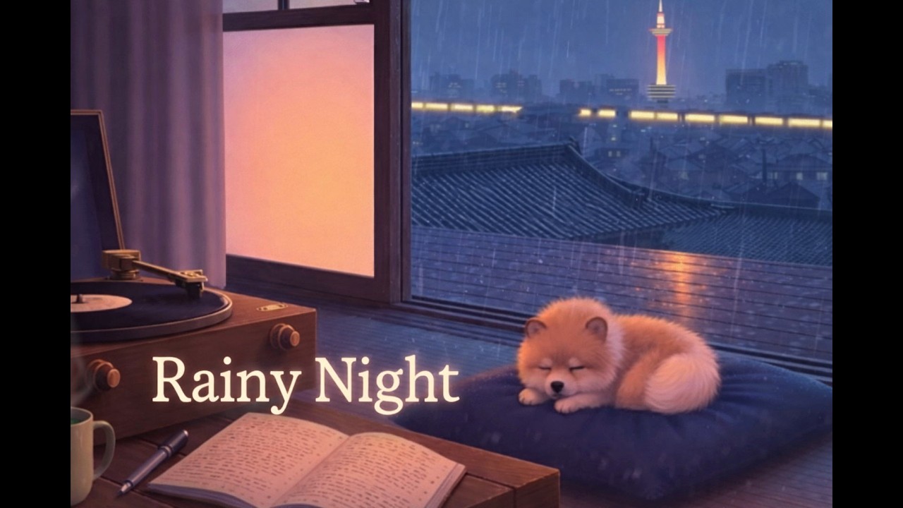 1 Hour Cozy Rainy Night | Distant Train & Kyoto Tower Ambience for Study, Relax & Sleep