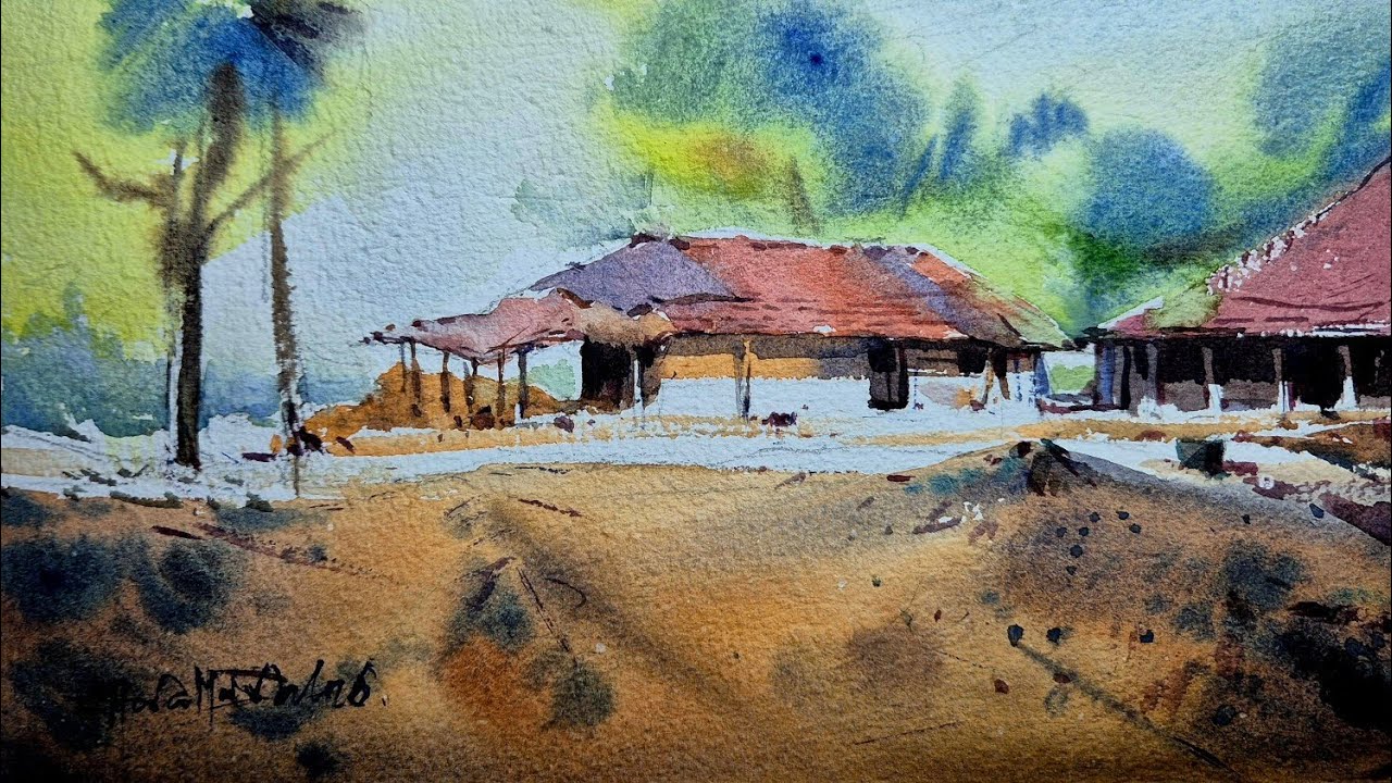 Easy village scenery watercolor painting for beginners | step by step tutorial