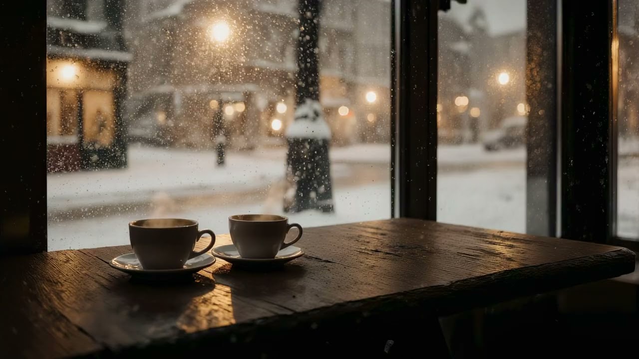Winter Ambience | Coffee Shop Window View ☕ Snowy Town & Slow Jazz
