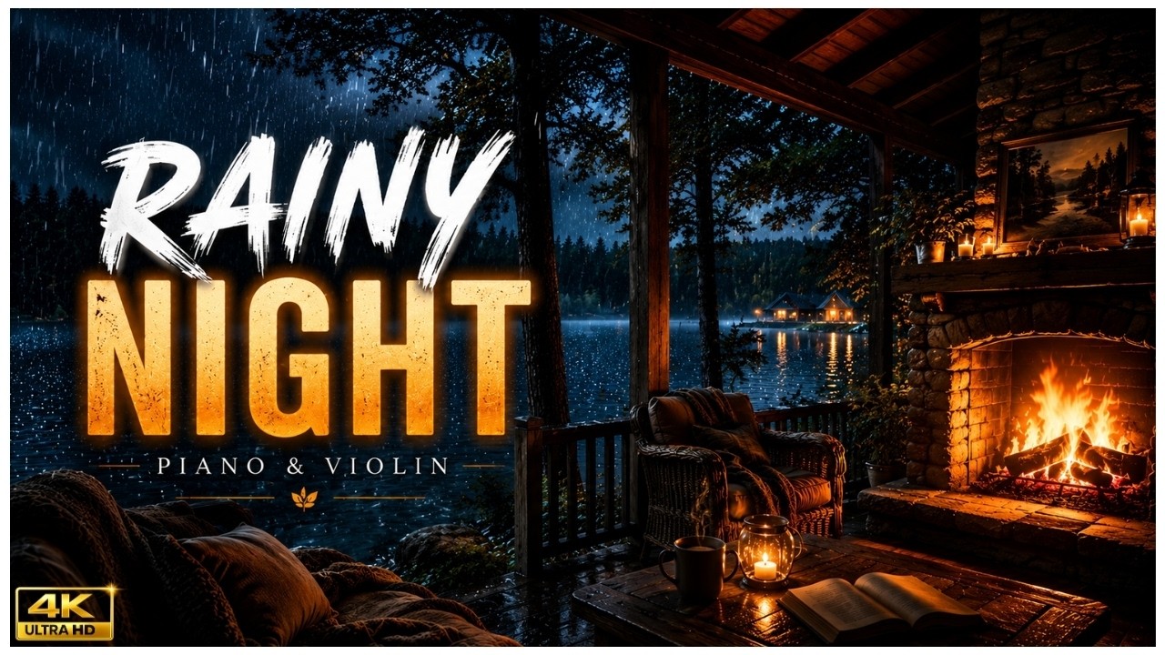 🔥 8 Hours 4K Fireplace & Rain Ambience | Relaxing Piano & Violin Music for Sleep & Stress Relief