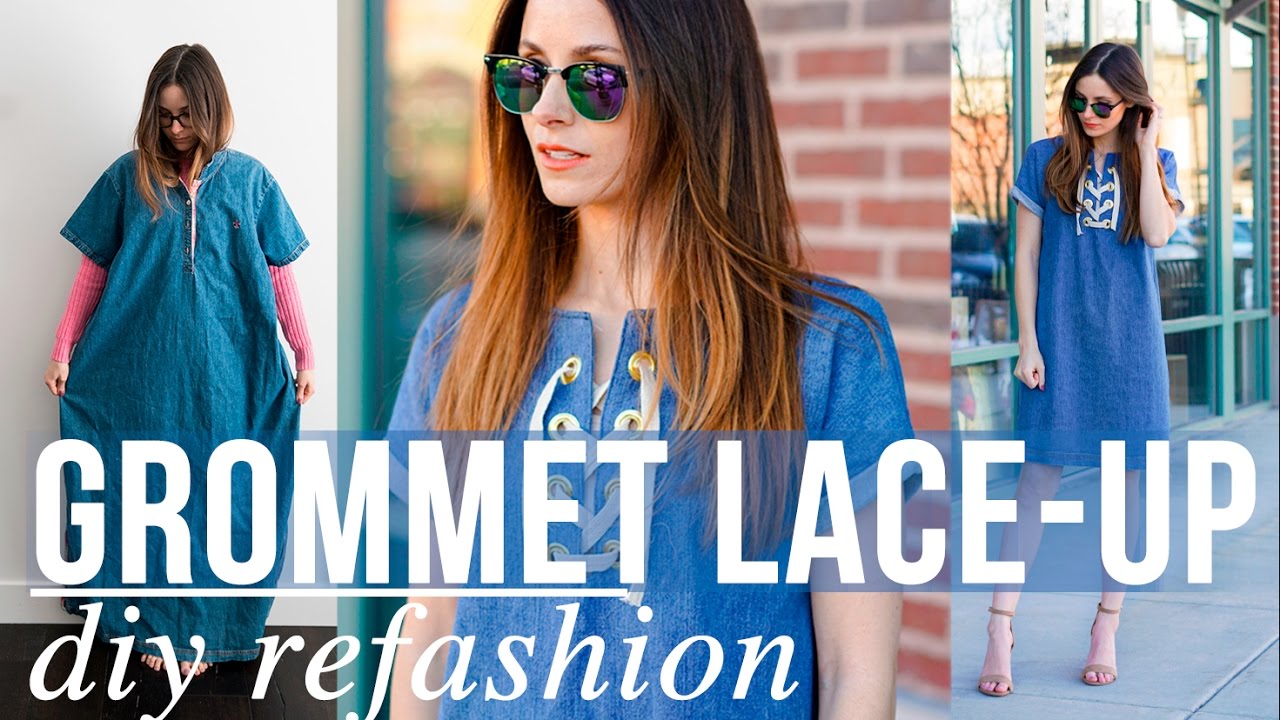 DIY denim grommet lace-up dress refashion