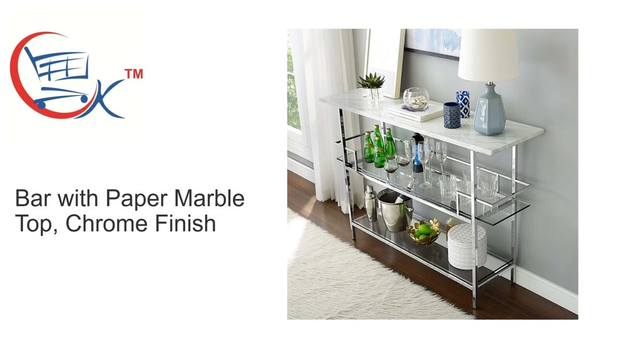 Small Home Bar: Bar with Paper Marble Top, Chrome Finish