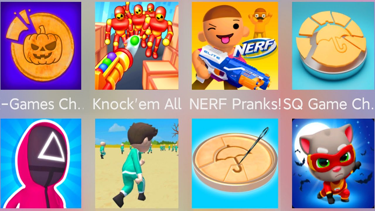K Games Challenge,Squid Game 3D,Knock em All,NERF Pranks,Tom Hero,Squid Survival Challenge,Squid Gun