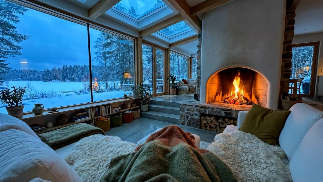 🎶 10 Hours Cozy Winter Piano Ambience | Warm Lounge with Candles & Snowfall | Meditation Sleep Focus