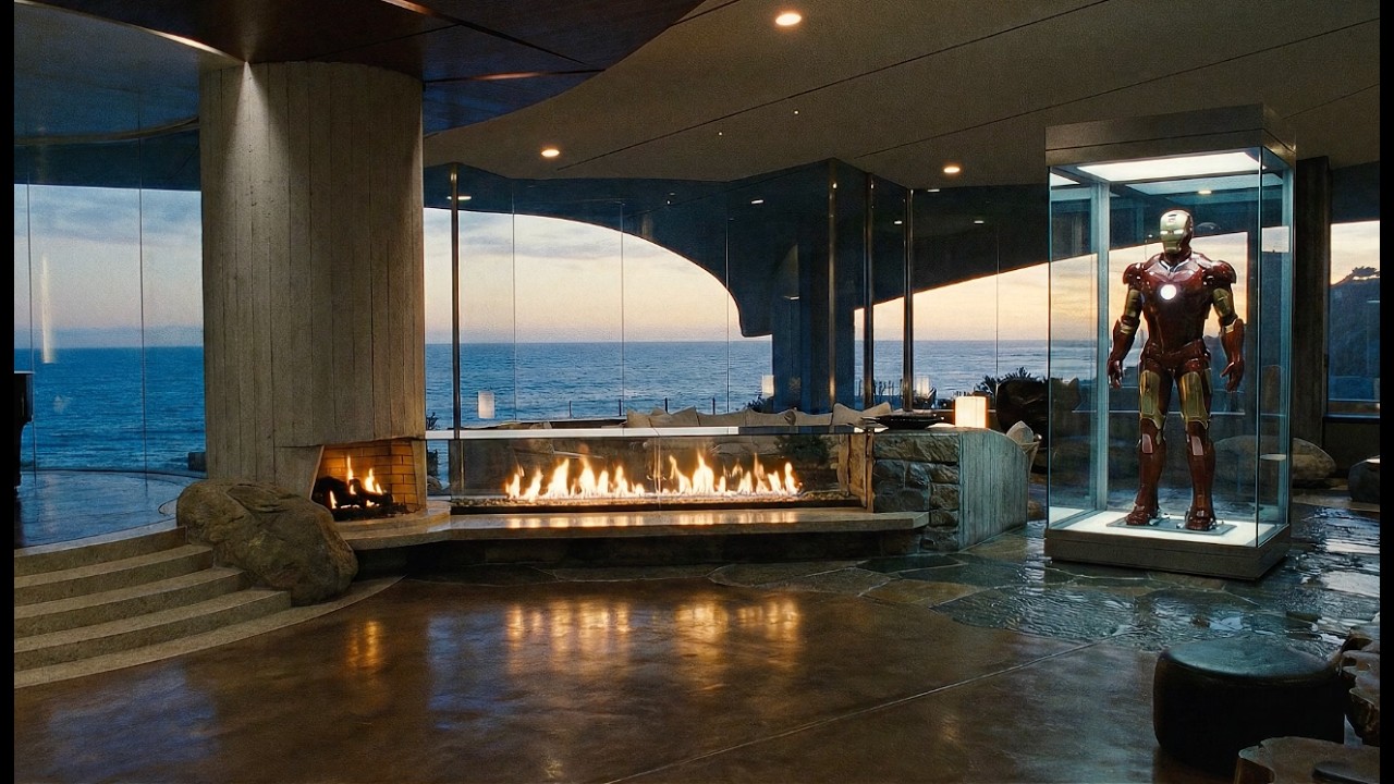 Tony Stark Malibu Mansion Fireplace 🌧 Ocean waves Ambience (1 Hour 30 Minutes 4K)