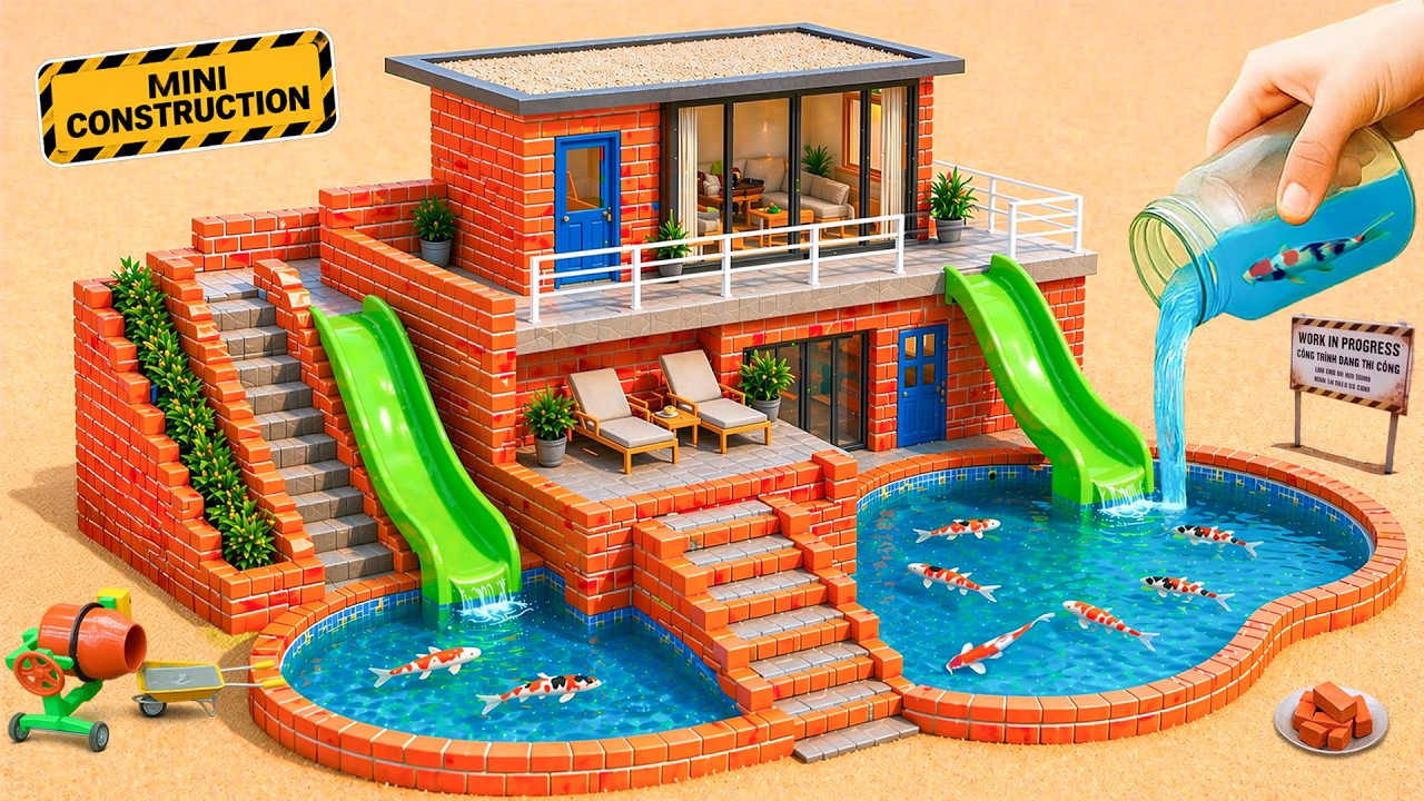 DIY Luxury Mini Brick House With 2 Slides and Swimming Pool After Theft | @MinMinTractor