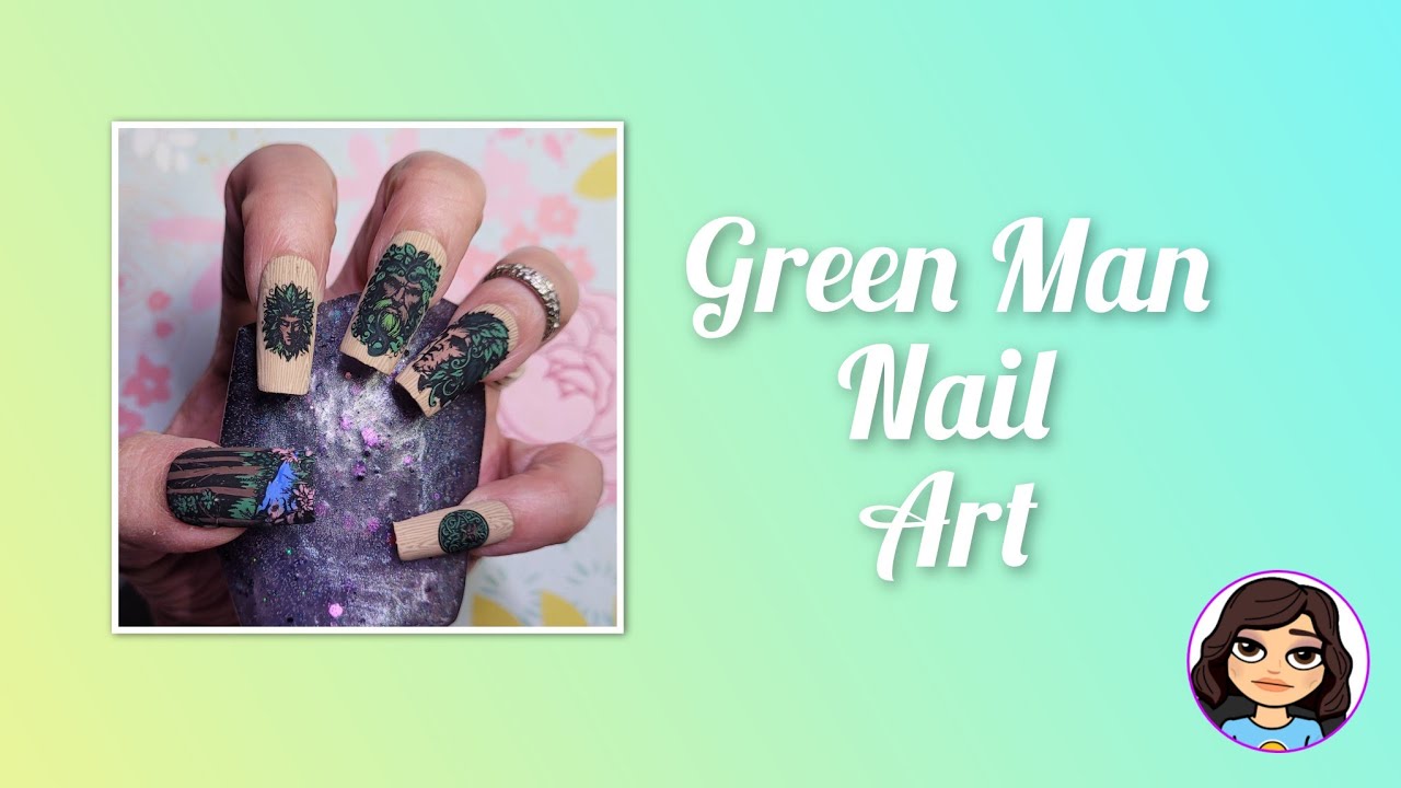 Green Man Nail Art / Reverse Stamping  / Pretty Fingers By Robin