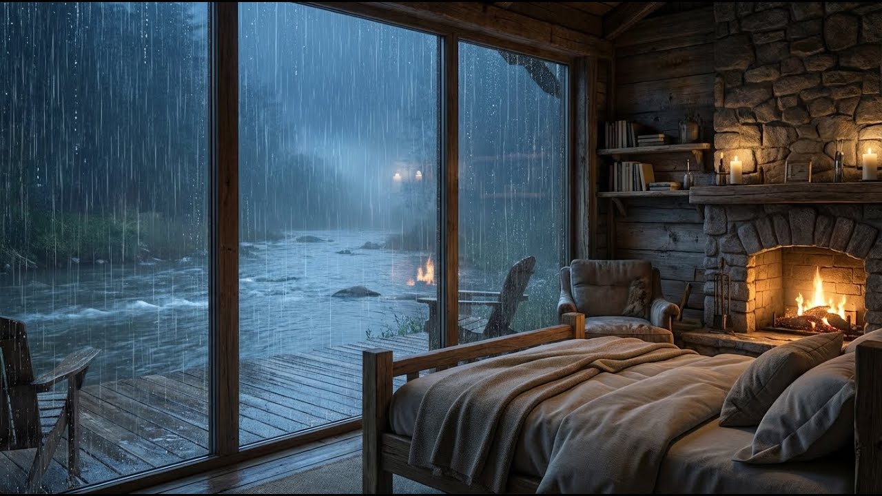 4K Ultra HD   Rain on Roof, Fire & River Ambience   for Study & Focus   Stress Relief