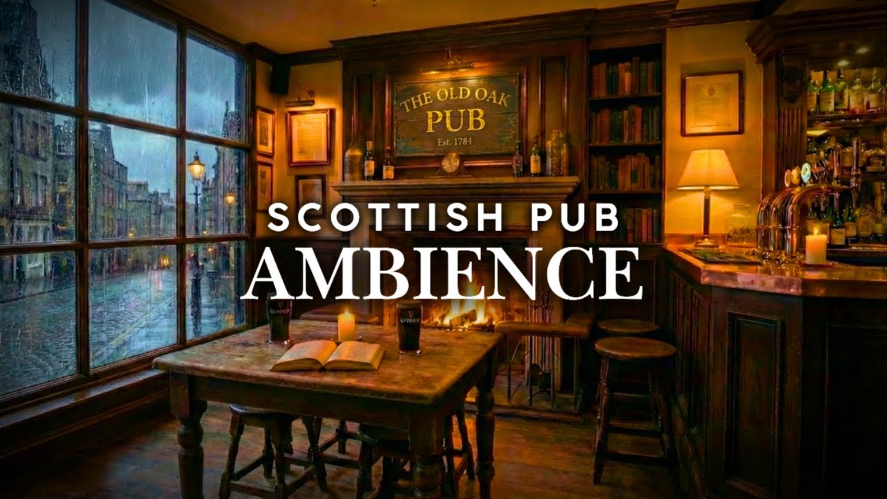 Edinburgh Pub Ambience - Celtic Music, Winter Rain & Crackling Fireplace