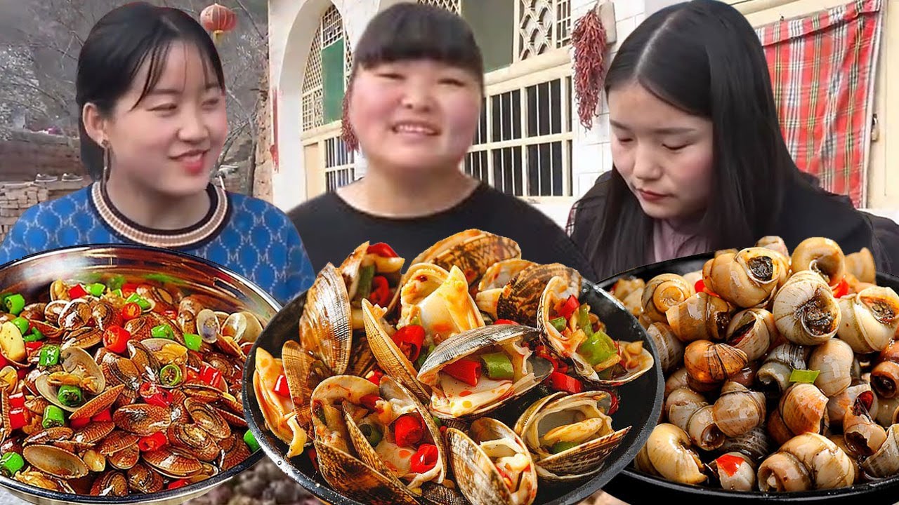【陕北霞姐】两个妹妹来玩，霞姐爆炒三大盆花蛤和田螺，一人就能吃一盆，麻辣鲜香汁都不剩！