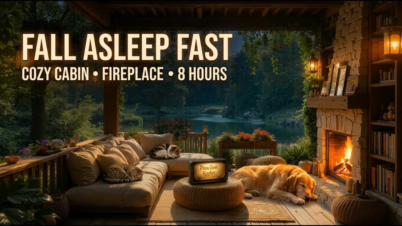 Fall Asleep in a Cozy Lakeside Cabin 🌙 Fireplace & Sleeping Pets | Night Nature Sounds (8 Hours)