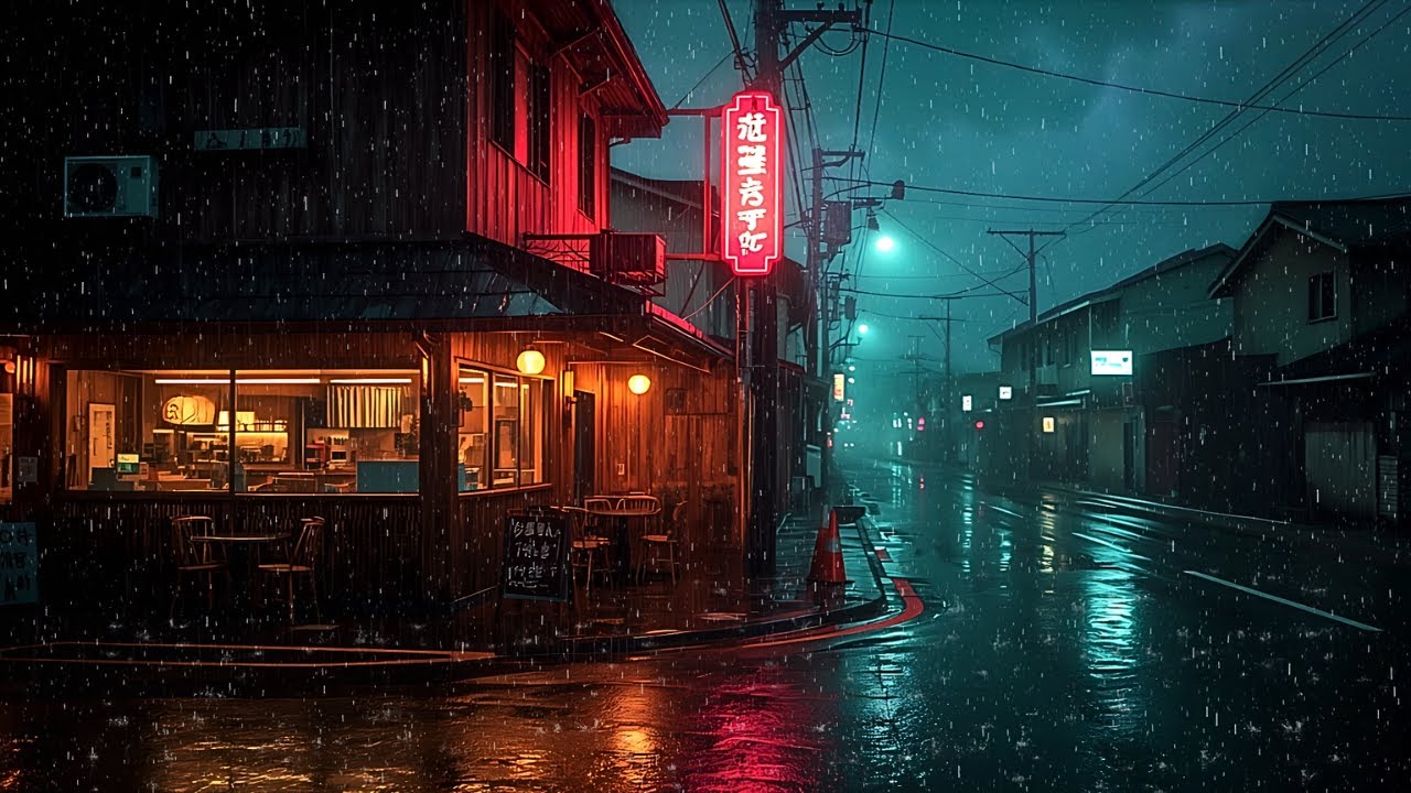 Rainy Night in a Japanese Neon Café 🌧️ 90s Lofi Beats for Deep Focus & Calm Ambience