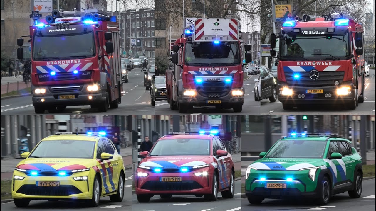 (ZEER GROTE BRAND)(BULLHORN) hulpdiensten met spoed naar een grote brand in Rotterdam