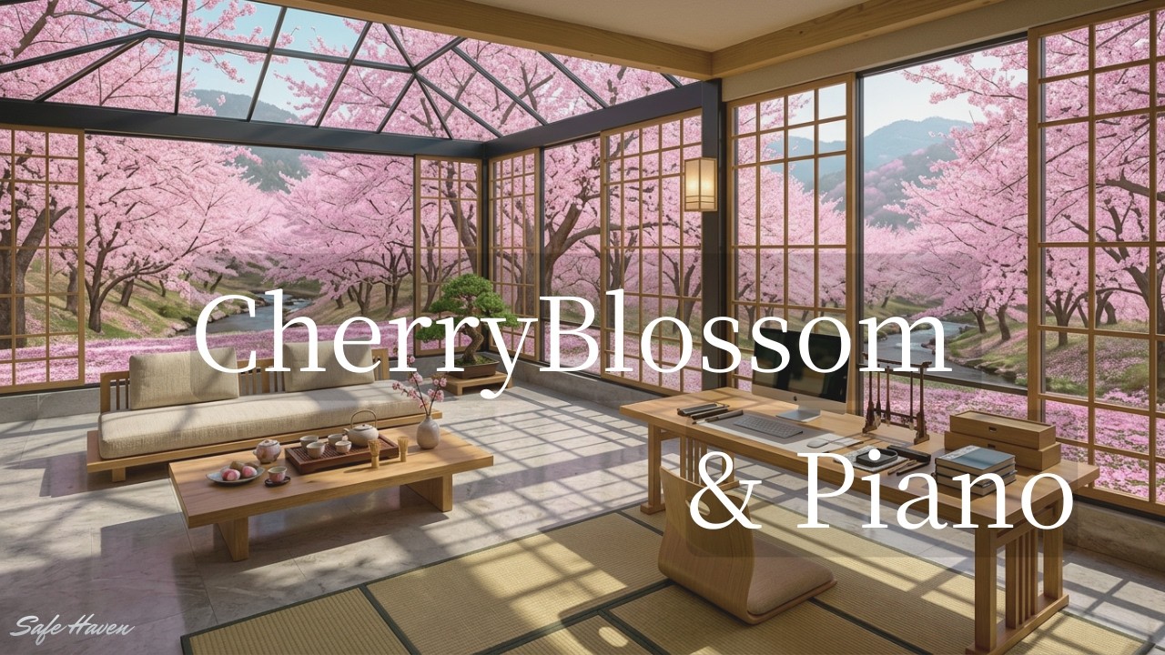 A Quiet Japanese Modern Space Surrounded by Cherry Blossoms | Calm Piano BGM for Work & Study