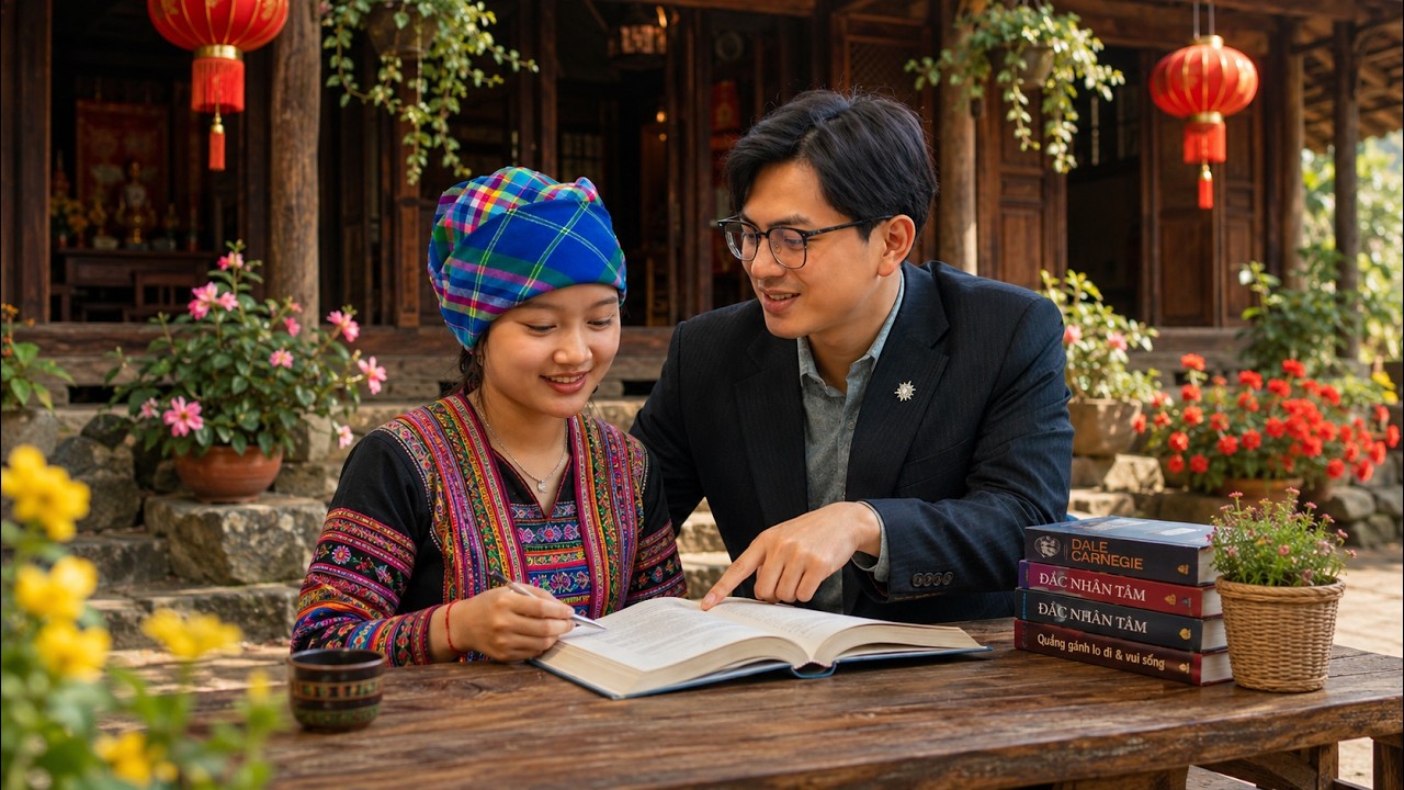 CEO James and his peaceful moments with Ly Tu Diep: Teaching her to read and write, step by step.
