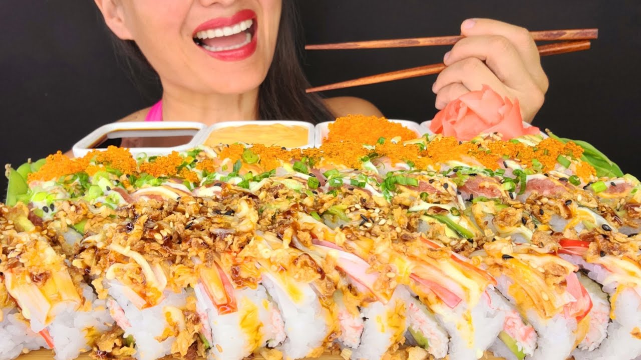 SUSHI FEAST ASMR MUKBANG OMAD EATING NOISES BIG BITES NO TALKING SEAFOOD RAW ROLLS