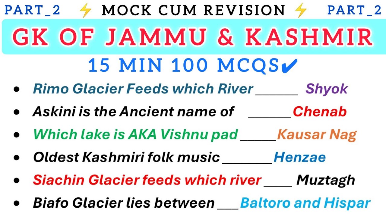 General Knowledge of J and K || Revision for JKSSB & JKPSC || Part_2 || Gk of J and k