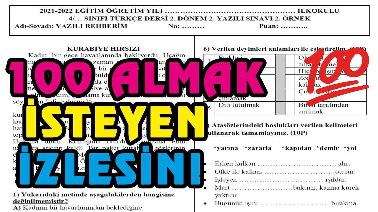 4. Sınıf Türkçe 2. Dönem 2. Yazılı | 2. Örnek 2022