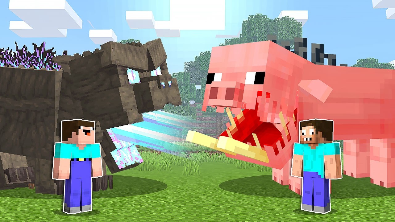 Noob and Pro Fight Cotzilla vs. Pigzilla in Minecraft! Noob Defends Pro's Village in Minecraft