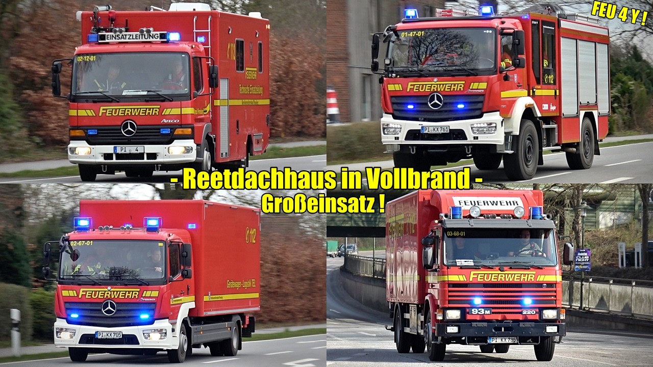 [REETDACHHAUS BRENNT in VOLLER AUSDEHNUNG - FEU 4 Y!] - Einsatzfahrten zum Gro&szlig;feuer in Seester