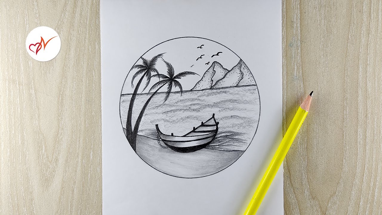How to draw a boat on the river bank | Pencil sketch scenery drawing