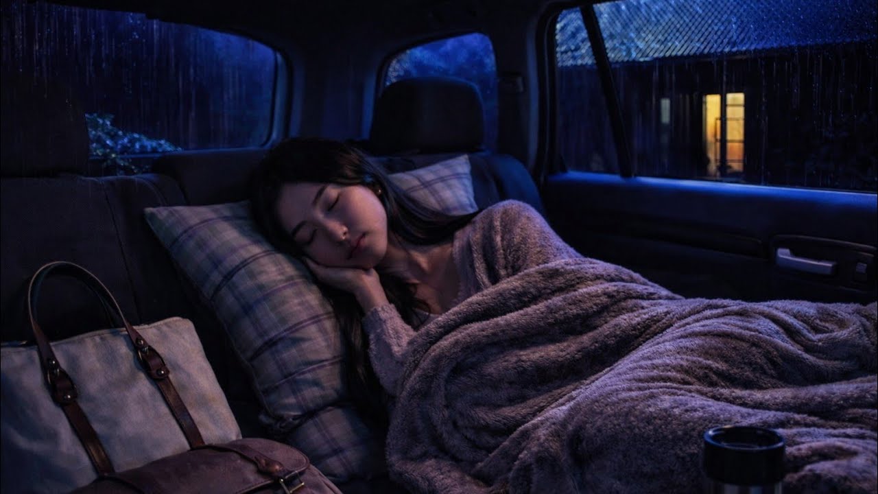 Cozy classic car cabin 🌧️🌧️ outside the house in the middle of the night - Soft rain sounds 