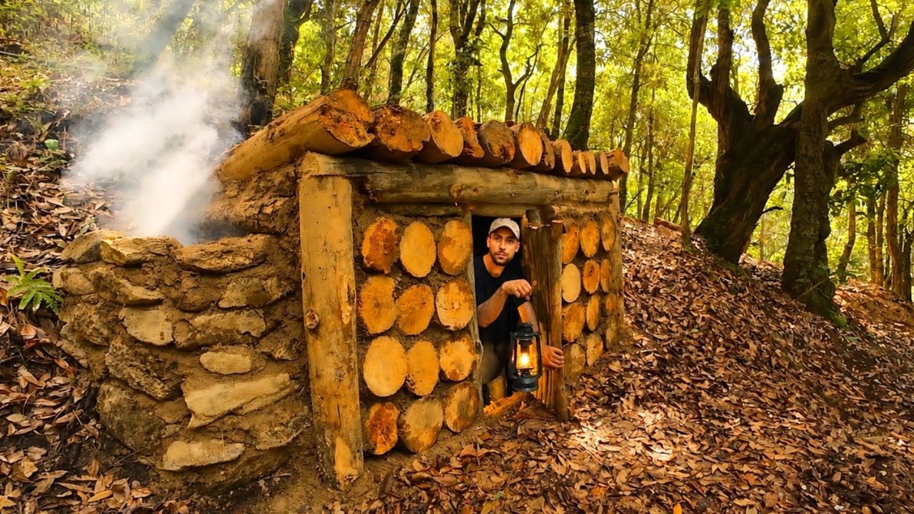 Building a Secret dugout Forest log shelter with fallen trees, Bushcraft, Survival
