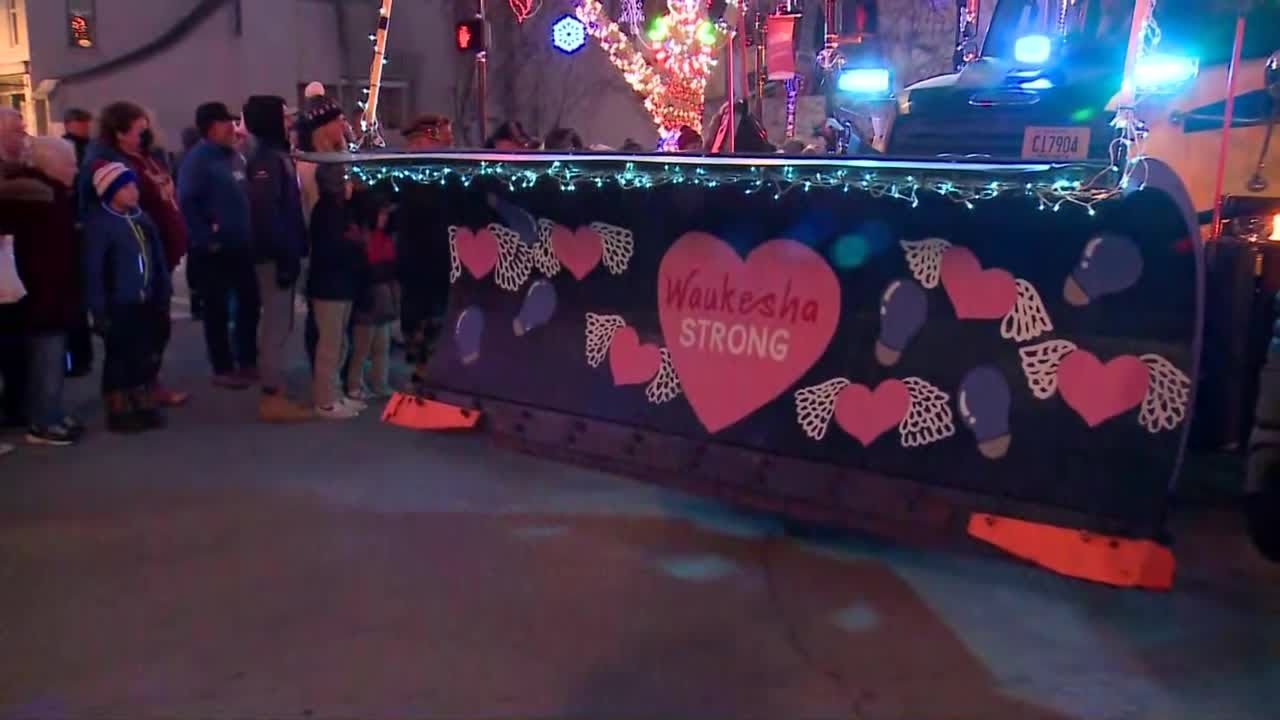 Plow decorated by Waukesha South band members, other students, driven in parade