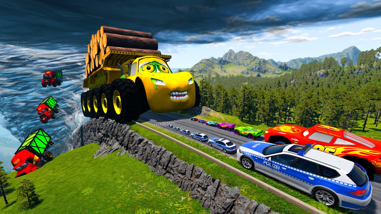 Giant LOGS DUMP TRUCK McQueen VS Cars Lightning McQueen & Police Car & Giant Tornado - Beamng.Drive