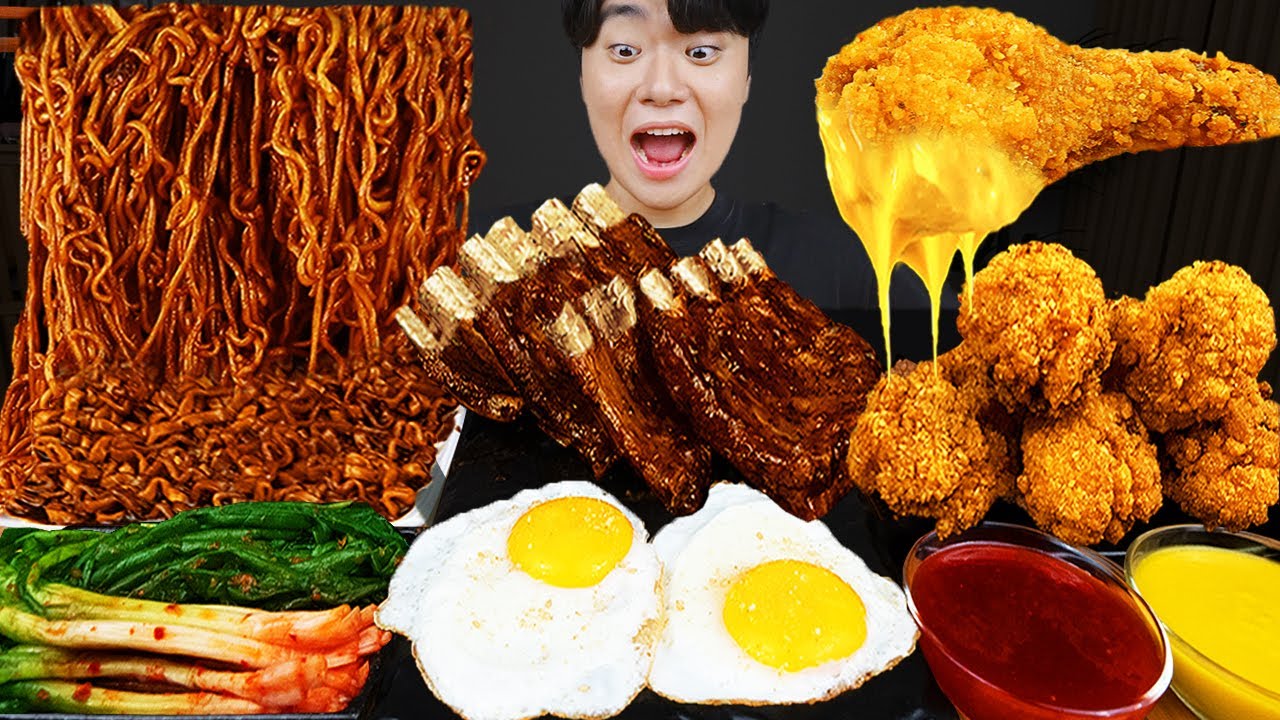 ASMR MUKBANG | Жареный цыпленок, стейк, лапша с черной фасолью, кимчи Корейская еда