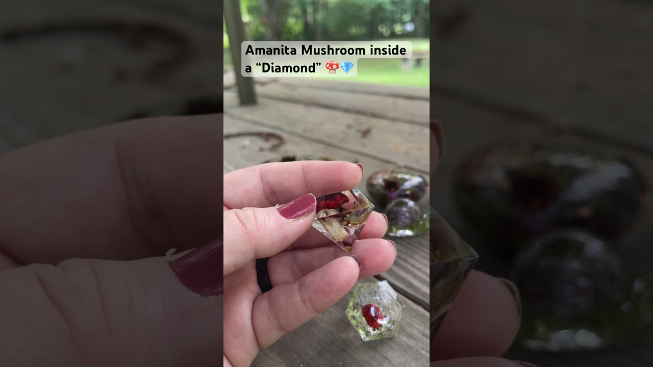 New Diamond Resin Gemstone with a tiny Amanita Mushroom and Coral Fungi inside. #mushrooms