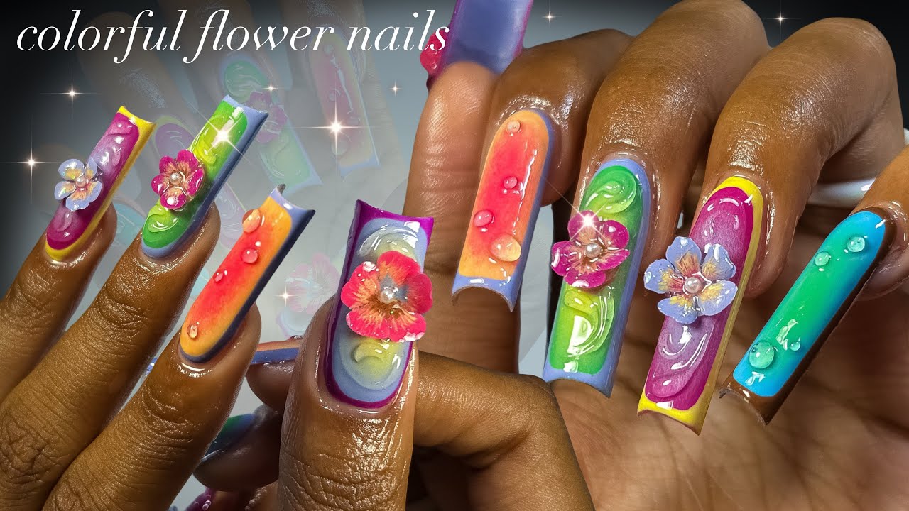 Colorful Flower Polygel Nails!🌺🌈✨|polygel application + intricate nail art!💖