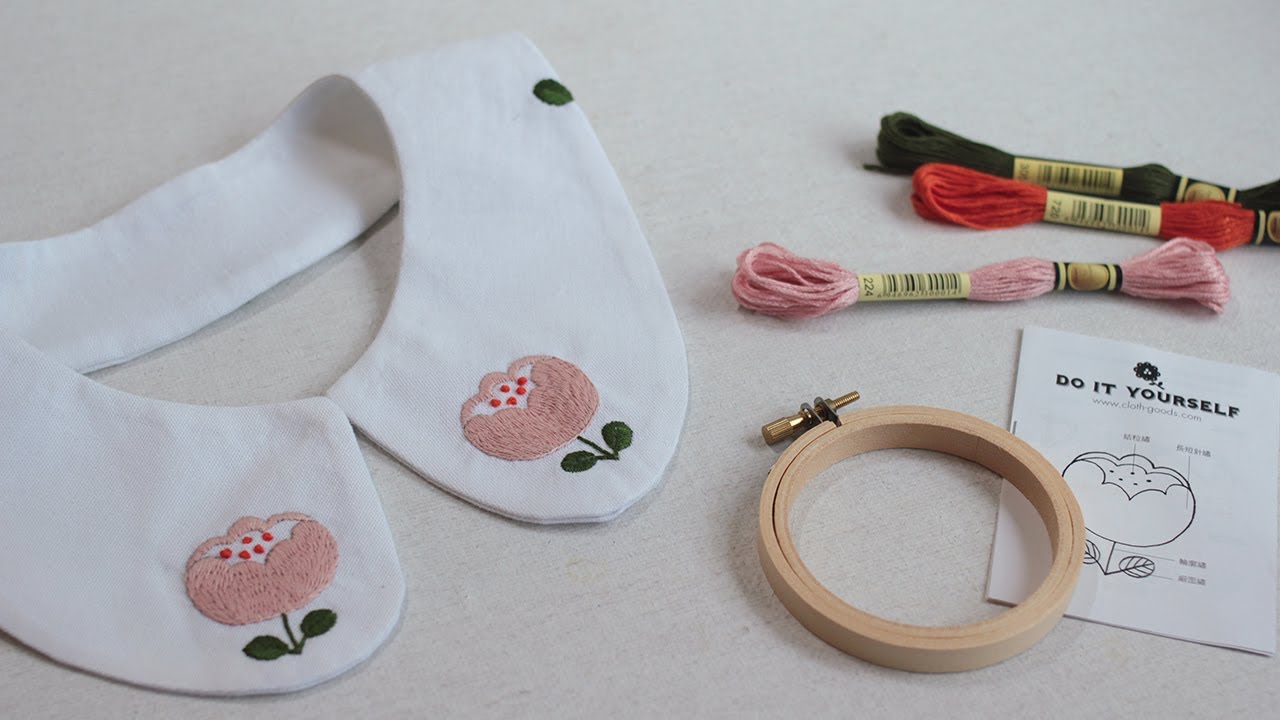 大人的刺繡領片（粉花）長短針繡 輪廓繡 緞面繡 結粒繡 Long and Short Stitch/ Outline Stitch/ Satin Stitch/ French Knot Stitch