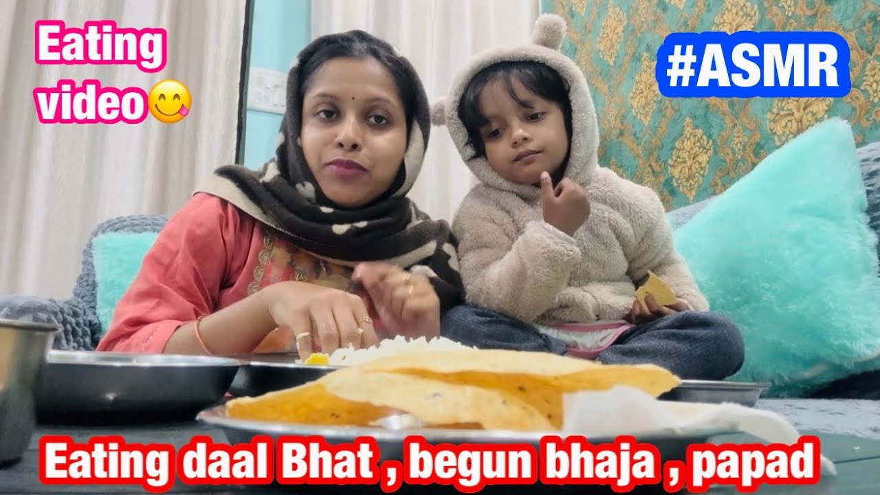Eating daal bhaat | begun bhaja | dahi mirchi | papad with risha😋 #eating #eatingshow 