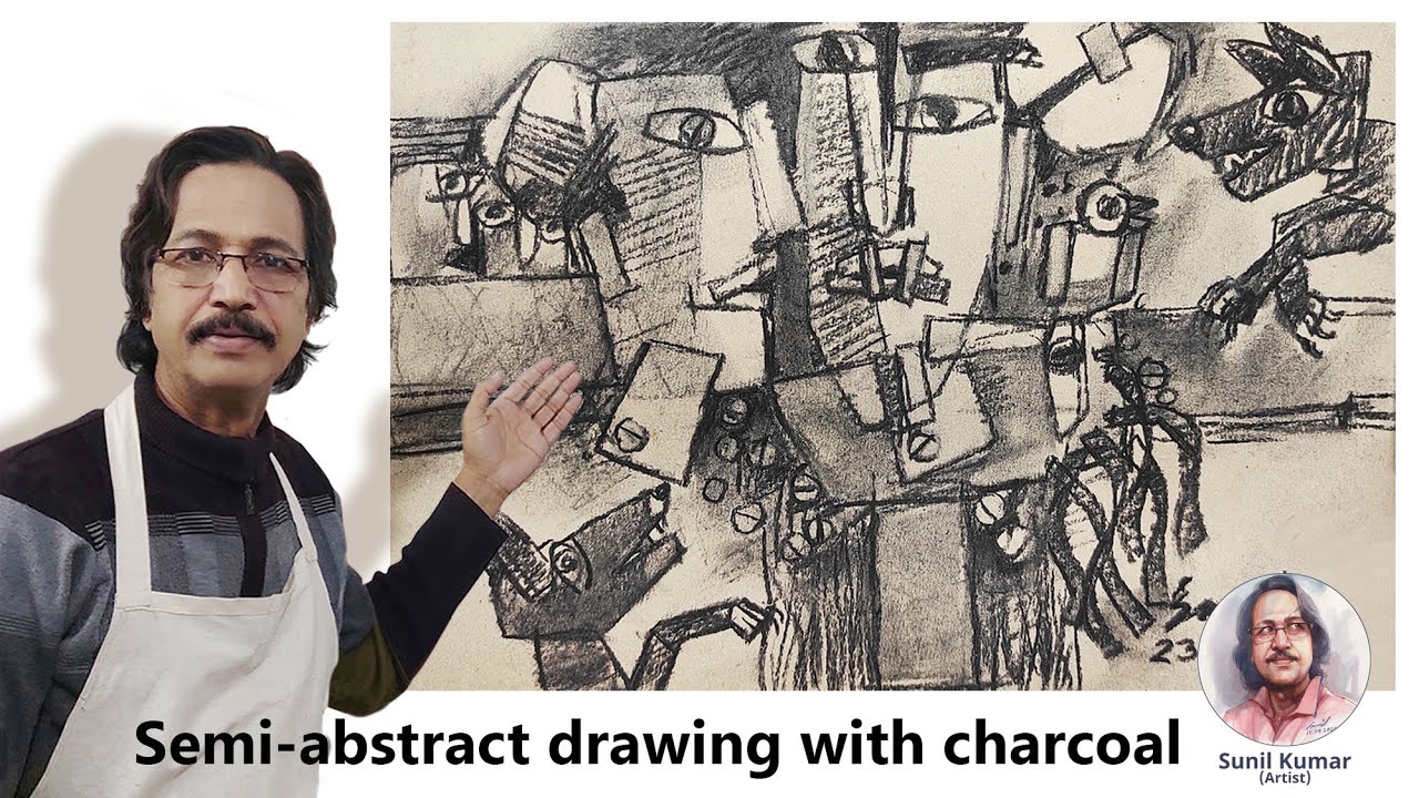 Semi-abstract painting with charcoal easy steps | abstract drawing step by step | charcoal drawing