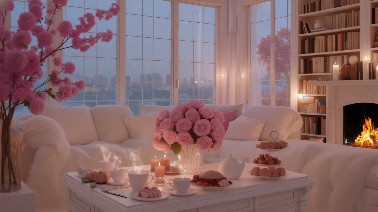 Cozy Pink Valentine Living Room 🎵 Soft Piano & Fireplace Sounds | The Most Relaxing Ambience Love