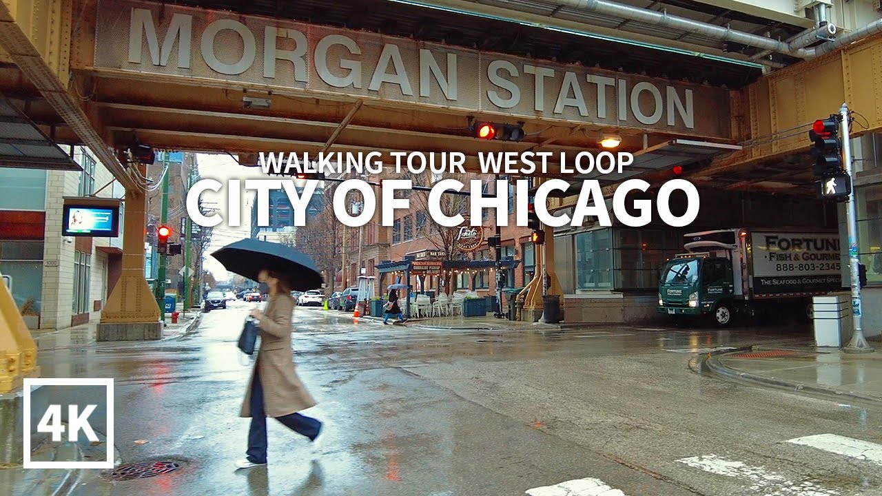 Rainy Day Walk in Downtown Chicago, West Loop Fulton District, Illinois, Rain & City Sounds, 4K