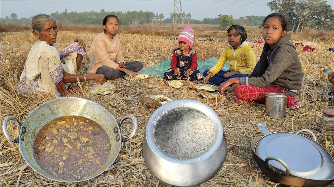 winter season PICNIC||CHICKEN CURRY cooking and eating with hot rice by Tribal grandma & CHILDRENS 