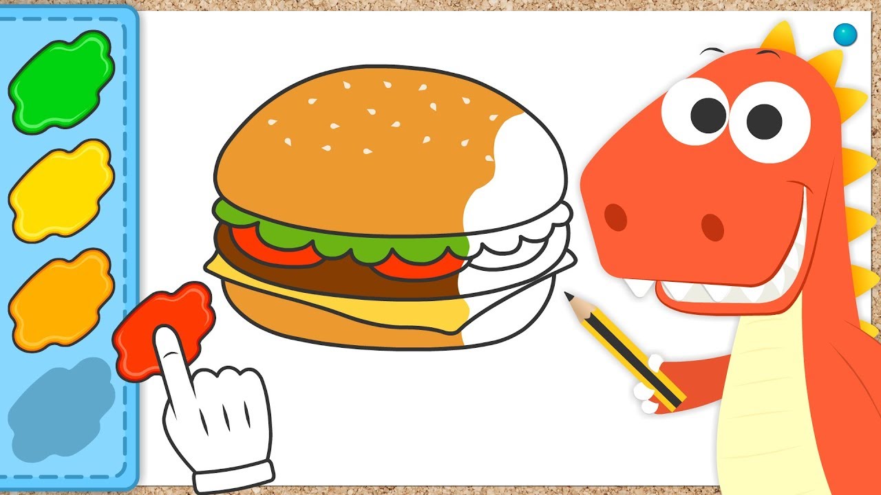 Learn with Eddie How to Color In a Burger | EDDIE the Dinosaur Colors in a Burger and Sauces