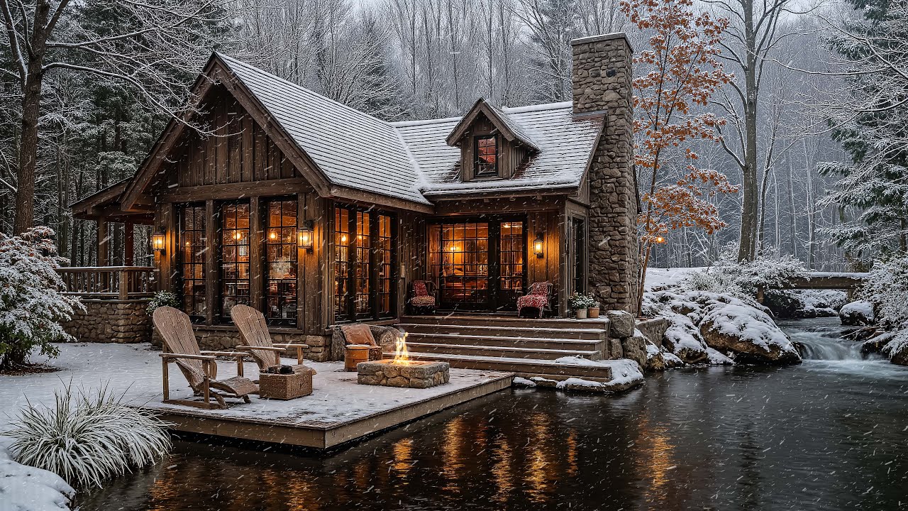 Tranquil Winter Dreams | Riverside Cabin Ambience with Jazz Music and Nature Sounds for Relaxation