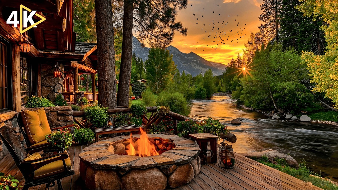 Golden Spring Riverside Cabin Ambience | Peaceful Forest Porch & Gentle River Sounds 4K