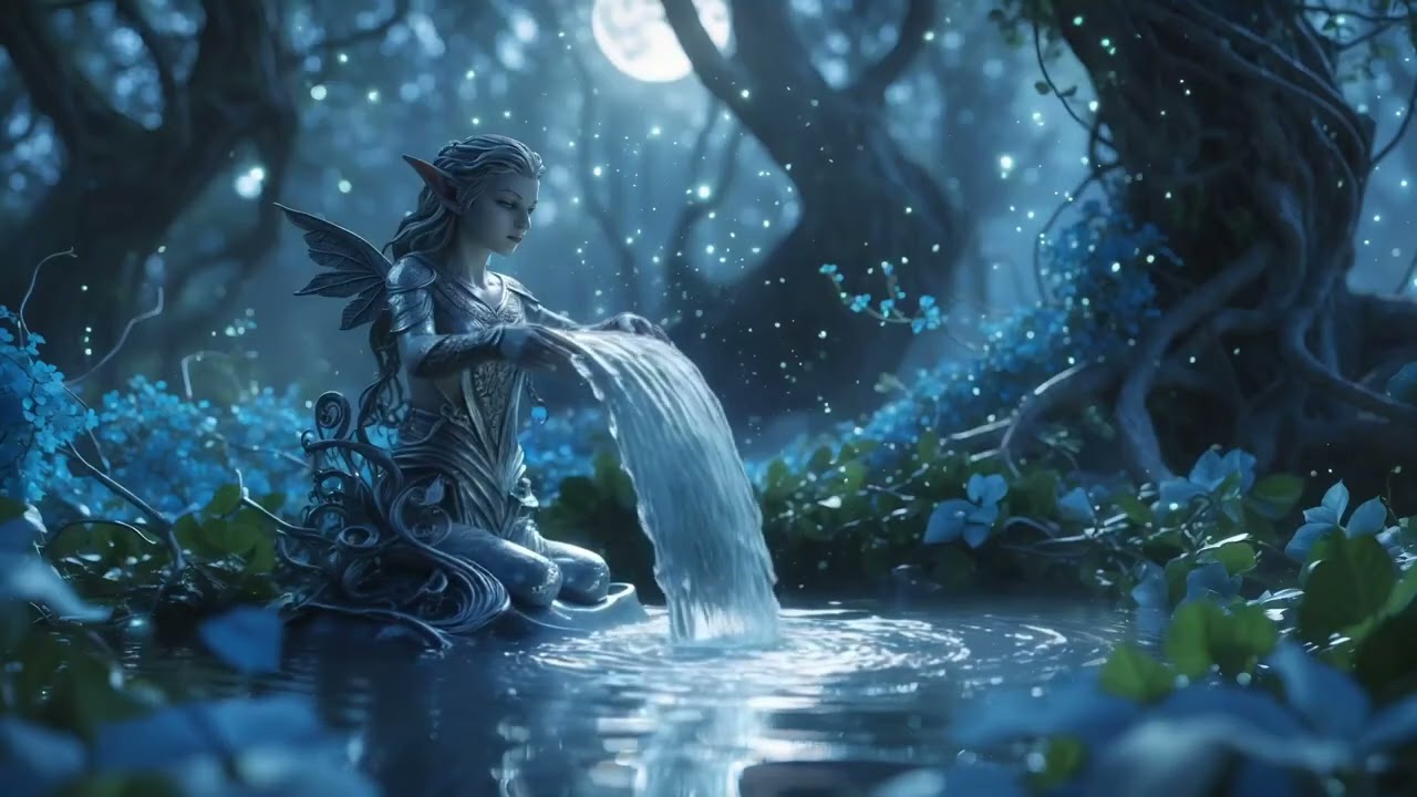 Relaxing Sound Waterfall by a Forest Elf 🌠 | Magical Night ASMR for Sleep & Focus
