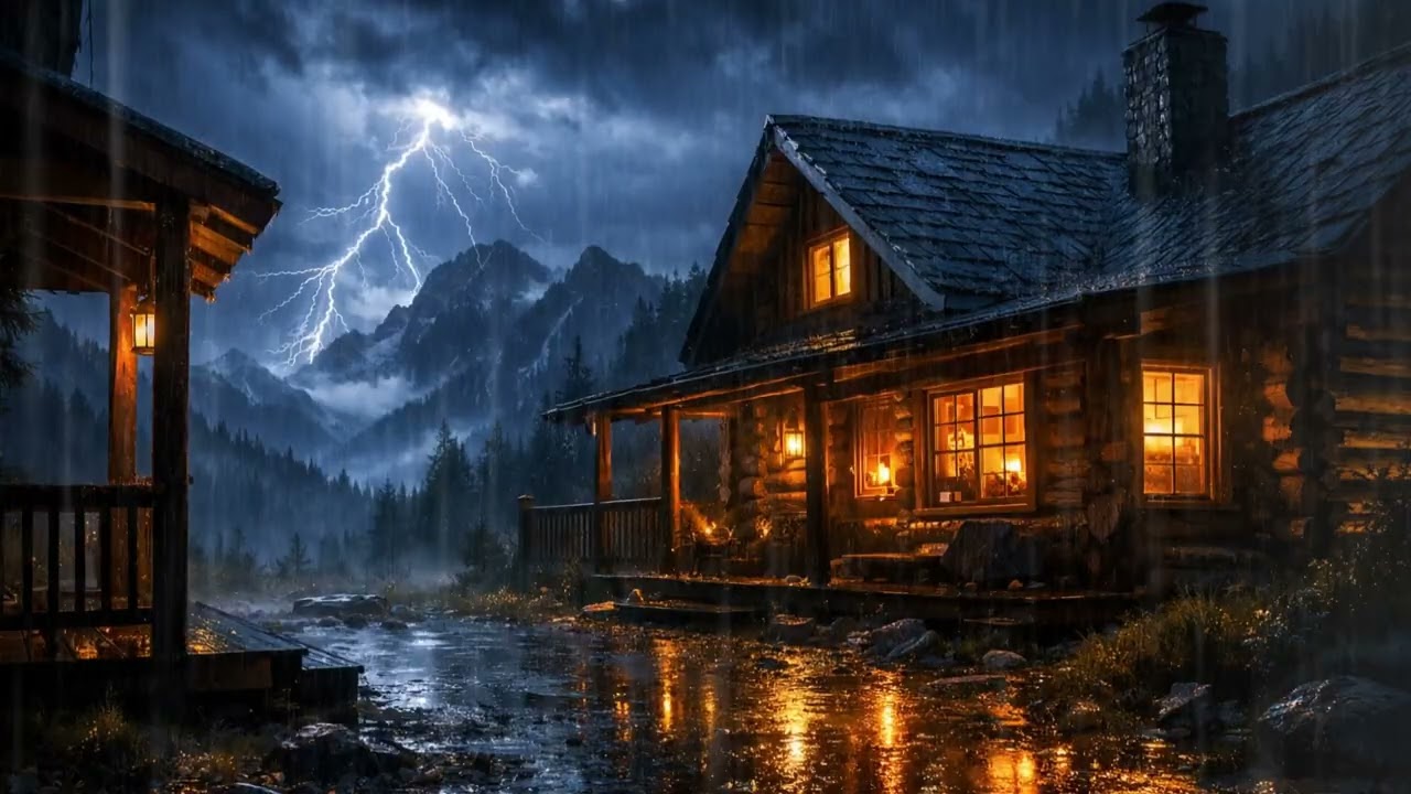 Mountain Cabin Thunderstorm | Rain, Rolling Thunder & Cozy Fireplace Ambience 3 Hours
