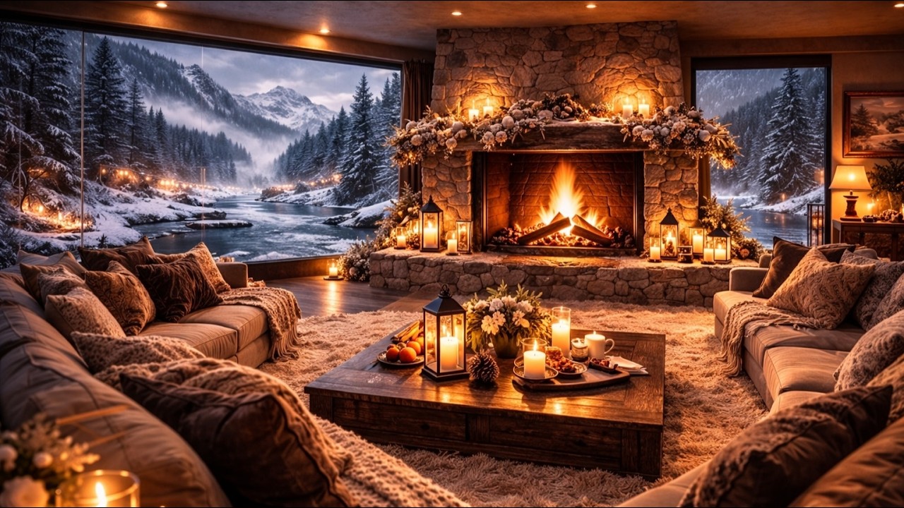Mountain Blizzard Beyond the Window ❄️ | Crackling Fireplace Glow 🔥 Soft Piano Cozy Cabin Retreat