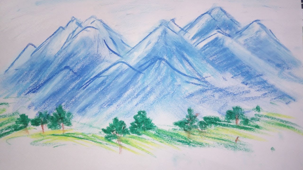 Himalaya mountain drawing | Mountains drawing in simple steps | Oil pastel drawing easy scenery