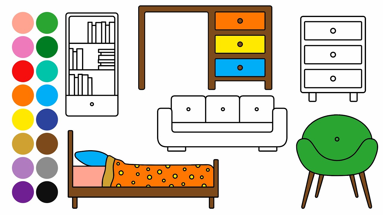 PARTES DE LA CASA | DORMITORIO Y SALA DE ESTAR - dibujar y colorear para niños - Dibujos para niños