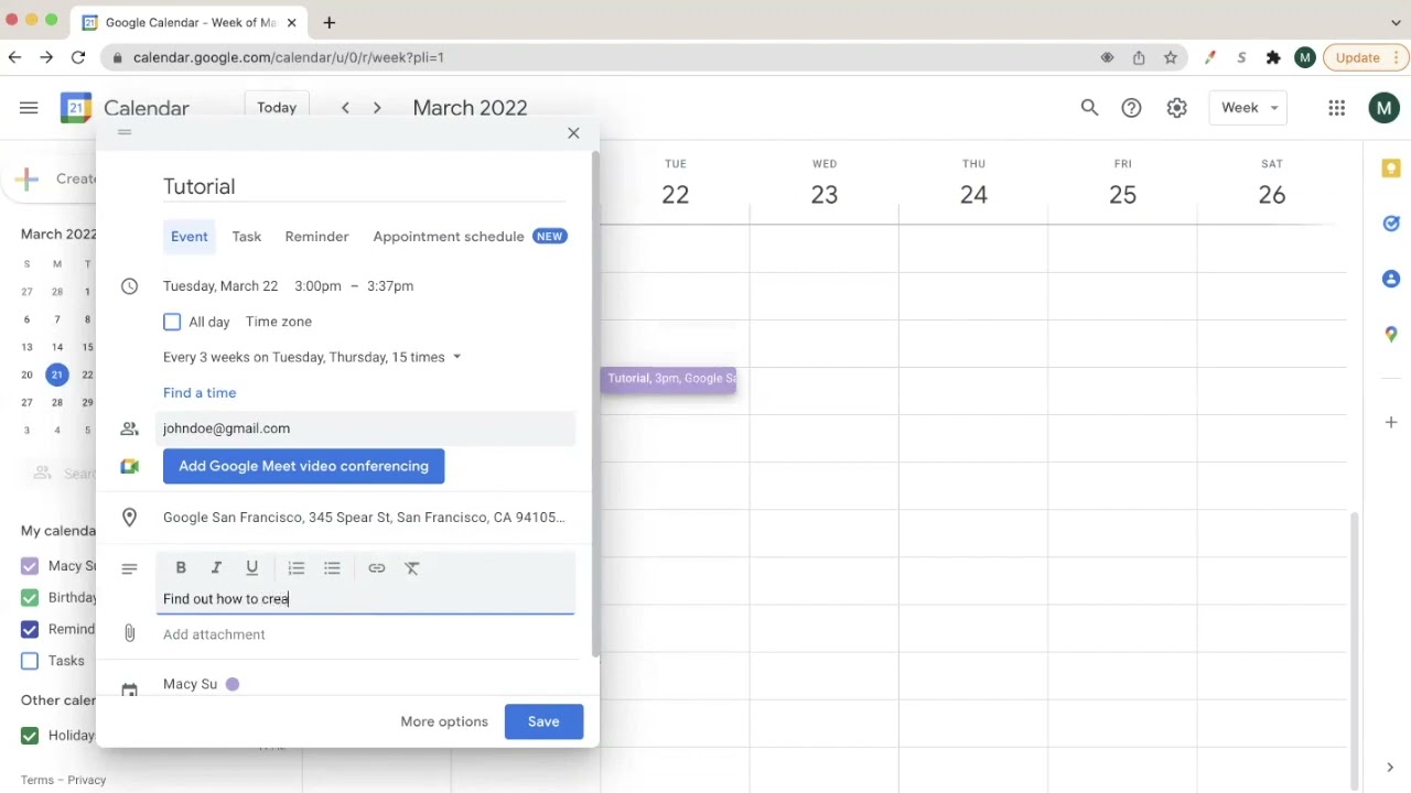 Google Calendar: Create Event - Guests, Location, Description, Attachments