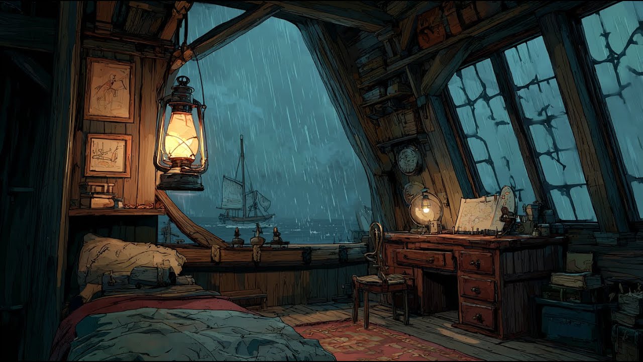 Captain’s Cabin in a Storm 🏴‍☠️ Pirate Folk Lofi / Ocean Sounds [Reading]